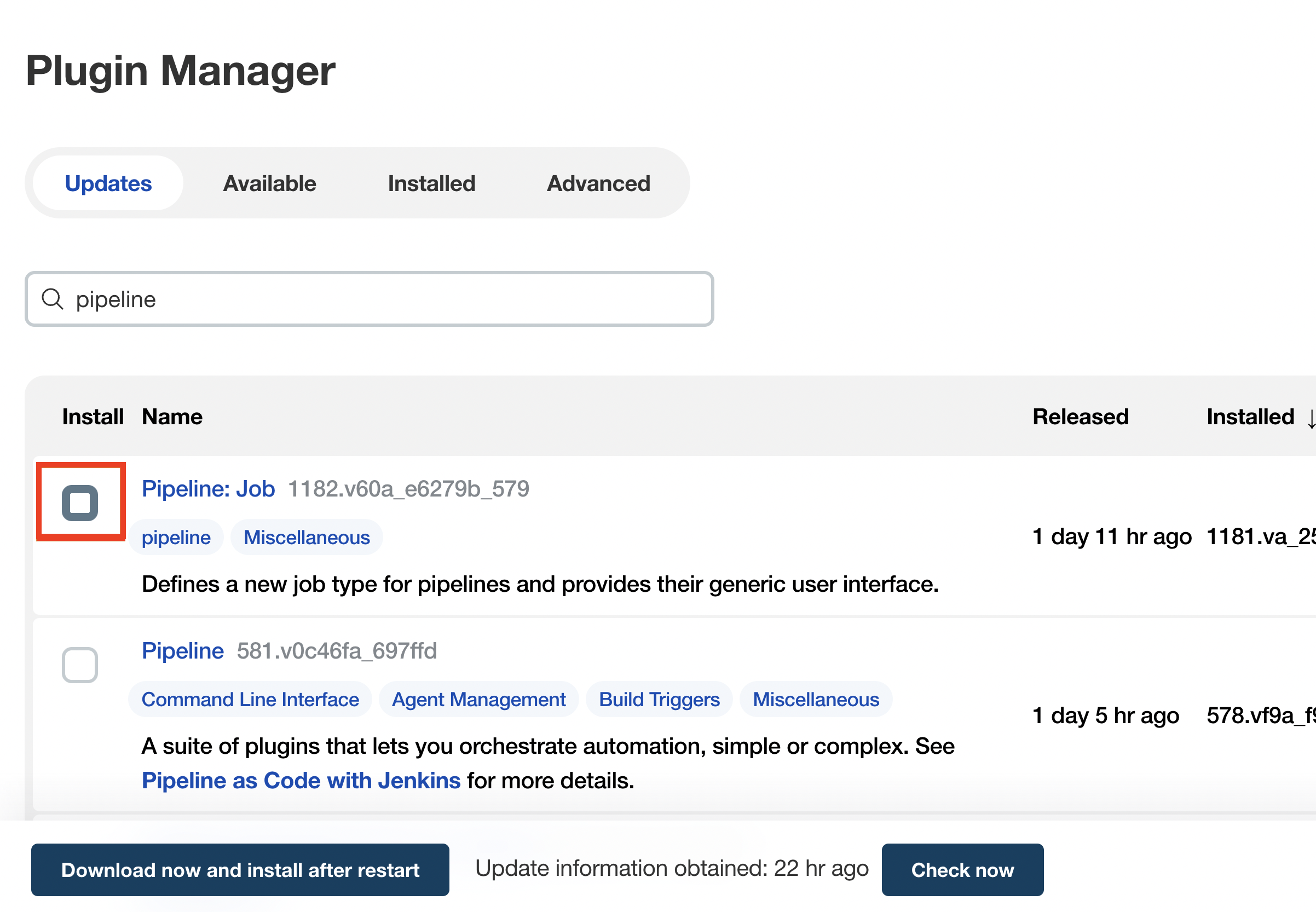 Updates tab in the Plugin Manager